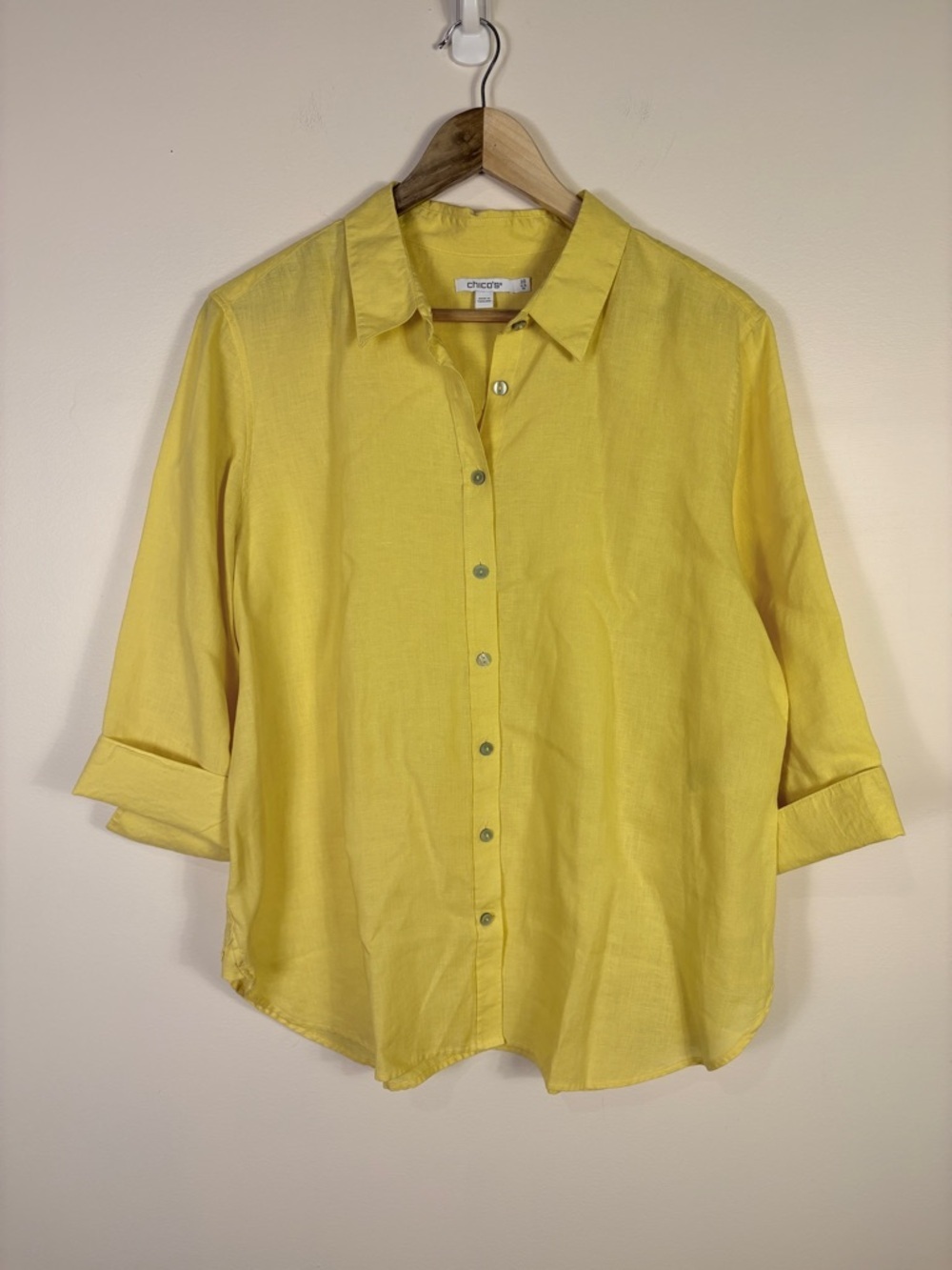 Chico's 100% Linen Yellow Button-Down Shirt No Iron 3/4 Sleeve Coastal Beach